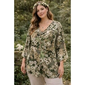 Y2K VTG‎ Size 14/16 Green Floral Paisley Tunic Blouse Ruched V-Neck Bell Sleeve